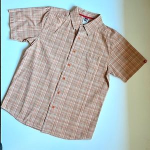 Orange and Tan Plaid North Face Collared Button Up Short Sleeve Shirt, Medium
